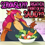 anthro big_breasts breasts clothed clothing eyeshadow female food grey_clothing grey_shirt grey_tank_top grey_topwear hair horn huge_breasts hyper hyper_breasts makeup markings open_mouth orange_body pink_eyeshadow pink_hair red_horn salad shirt solo tank_top text topwear bds_charmeleon in_front_of_my_salad mythology cherry_(bds) dragon mythological_creature mythological_scalie scalie 1:1 english_text meme