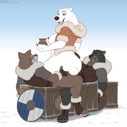 4_toes 5_fingers anthro anthro_on_anthro black_body black_fur black_nose bottomless breasts butt clothed clothing coin_pouch crate fangs feet female fingers fur fur_coat grey_body grey_fur group group_sex hindpaw humanoid_hands interspecies male male/female mmf_threesome nipples paws sex shield tail teeth threesome toes tongue trio white_body white_fur jishinu bear canid canine canis mammal polar_bear ursine wolf hi_res