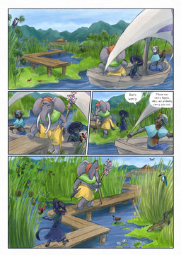 5_fingers anthro black_body black_fur boat clothed clothing dark_body day dialogue dialogue_box ear_fins feral fin fingers fur grass grey_body open_mouth plant proboscis_(anatomy) river speech_bubble split_form tail text trunk_(anatomy) vehicle village water watercraft bjekkergauken mythology imbali_(bjekkergauken) isilo_(bjekkergauken) aquatic avian bird elephant elephantid humanoid mammal merfolk proboscidean unknown_species 2026 colored comic english_text hi_res