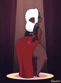 big_butt biped breasts butt clothed clothing cosplay dark_body dark_skin female footwear hair hair_over_eye high_heels huge_butt not_furry red_clothing shoes solo thick_thighs white_hair cobatsart sound_warning disney final_fantasy final_fantasy_xiv square_enix who_framed_roger_rabbit jessica_rabbit mary_muffin humanoid lalafell animated short_playtime sound video