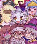 anthro blue_eyes blush brown_hair clothing costume eyewear female glasses green_eyes grey_hair group hair hair_over_eyes halloween_costume hat headgear headwear holidays male mummy_costume mummy_wrappings one_eye_closed pink_eyes pirate_hat white_body wink wizard_hat zombie_costume julymurasaki bandai_namco digimon digimon_ghost_game halloween hiro_amanokawa kiyoshiro_higashimitarai ruri_tsukiyono angoramon digimon_(species) gammamon human jellymon mammal hi_res