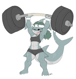 4_fingers 4_toes abs anthro arm_fin athletic athletic_female athletic_wear big_tail blue_body blue_skin bodily_fluids bottomwear bra breasts chibi clothed clothing deadlift exercise feet female fin fingers green_hair gym_bottomwear gym_shorts hair head_fin leg_fin muscular muscular_anthro muscular_female navel non-mammal_breasts non-mammal_navel notched_fin ponytail scar sharp_teeth shorts simple_background single_strap_clothing small_breasts solo sports_bra sweat sweatband tail teeth thick_thighs toes underwear weightlifting white_background wide_hips workout nerdbayne brenda_(nerdbayne) aquatic fish mammal shark 2025 absurd_res hi_res signature