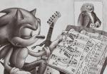 anthro big_eyes big_head biped clothing confusion electric_guitar fur furniture gloves guitar hair handwear holding_object male mostly_nude musical_instrument open_mouth plucked_string_instrument sheet_music sitting solo stool string_instrument text toony trollface what nikraccoom sega sonic_the_hedgehog_(series) sonic_the_hedgehog mammal greyscale meme monochrome