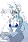 anthro bikini clothing female heart_symbol kemono looking_at_viewer one_eye_closed sitting smile smiling_at_viewer solo swimwear text tongue tongue_out two-piece_swimsuit wink ookamiwaho okami_bark canid canine canis mammal wolf hi_res japanese_text