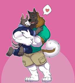 anthro blush bottomwear clothed clothed_male clothing fully_clothed fully_clothed_male fur happy heart_symbol hug hugging_another male male/male muscular muscular_male outline shirt shorts simple_background tail tail_motion tailwag teeth topwear white_body white_fur mafekoba gab_(comic) ruff_bull voff_akita akita american_akita canid canine canis domestic_dog mammal pit_bull spitz hi_res pictographics