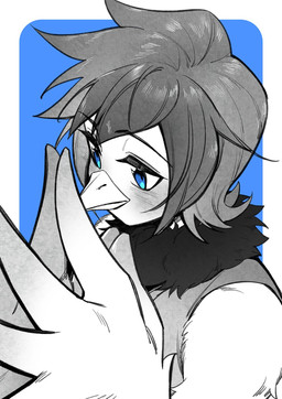 5_fingers anthro beak blue_eyes blush clothed clothing feather_hair feathered_wings feathers female fingers fur hair pseudo_hair simple_background solo topwear tuft wings xia_fei undertale undertale_(series) undertale_yellow martlet_(undertale_yellow) avian bird digital_media_(artwork) hi_res