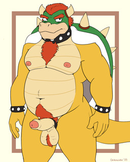 2_horns accessory anthro ball_tuft balls belly body_hair bracelet chest_tuft cock_ring collar countershade_balls countershade_belly countershade_genitalia countershade_penis countershading erection eyebrows foreskin genitals green_body green_skin hair happy_trail horn jewelry male musclegut muscular nipples nude_anthro nude_male penis penis_accessory penis_jewelry pubes red_hair shell simple_background solo spiked_bracelet spikes standing tail tuft yellow_body yellow_skin chilemeister mario_bros nintendo bowser koopa scalie 2025 4:5 digital_drawing_(artwork) digital_media_(artwork) hi_res