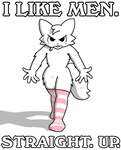 anthro boy_kisser_(meme) chipepper_(artist) clothing domestic_cat felid feline felis fur hi_res leggings leggings_only legwear looking_at_viewer looking_up looking_up_at_viewer male mammal meme pattern_clothing pose shadow silly_cat_(mauzymice) solo striped_clothing stripes text white_body white_fur white_hands