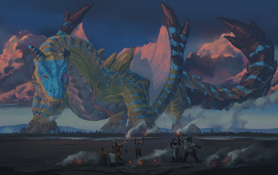 ambiguous_gender chest_scar city cloud embers feral giga group landscape_dwarfing macro ritual ruins scar smoke solo elkaart capcom monster_hunter grev_(greviste) flying_wyvern tigrex hi_res