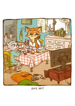 anthro arm_support bread brown_body brown_fur controller detailed_background duo eating food fur furniture game_controller grey_body grey_fur holding_food holding_object inside leaning_on_elbow sitting table tissue watching_television window awa_mogu disney zootopia judy_hopps nick_wilde canid canine fox lagomorph leporid mammal rabbit red_fox true_fox 2017 comic