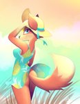 anthro beach bottomless butt clothed clothing dress female food_print hat headgear headwear seaside solo suggestive sun_hat sundress upskirt wide_brim_hat wind b-epon animal_crossing nintendo audie_(animal_crossing) canid canine canis mammal wolf 2020 digital_media_(artwork) hi_res shaded