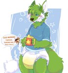 ageplay anthro blue_background blue_eyes blush bodily_fluids clothed clothing dialogue diaper drooling duo fur genital_fluids green_body green_fur infantilism male male/male roleplay saliva shirt simple_background sippy_cup speech_bubble standing text tired topwear unclean_diaper urine used_diaper wearing_diaper wet_diaper white_background white_body white_fur raindristashka canid canine mammal english_text hi_res