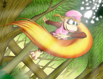 3_toes anthro barefoot biped blonde_hair brown_body brown_fur clothing feet female forest fur green_eyes hair hat headgear headwear jungle long_hair plant ponytail solo toes tree chucha616 donkey_kong_(series) nintendo dixie_kong haplorhine mammal monkey primate
