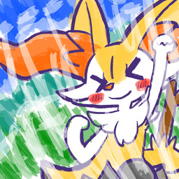 >o< ambiguous_anthro ambiguous_gender anthro biped blush blush_stickers closed_smile cloud fist_pump front_view grass jumping mouth_closed object_in_tail outside plant simple_background sky smile solo stick stick_in_tail tail annyui0611 nintendo pokemon braixen canid generation_6_pokemon mammal pokemon_(species) 1:1 2024 digital_drawing_(artwork) digital_media_(artwork) half-length_portrait hi_res portrait