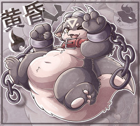 3_toes 4_fingers abstract_background anthro belly big_tail biped chain cheek_tuft circle_eyebrows claws collar cuff_(restraint) curved_horn eyebrows facial_tuft featureless_crotch feet finger_claws fingers fluffy fluffy_tail fur grey_body grey_claws grey_ears grey_fur grey_horn grey_tail head_markings horn inner_ear_fluff kemono looking_at_viewer male male_anthro markings multicolored_body multicolored_fur multicolored_tail navel nude nude_anthro nude_male one_eye_closed open_mouth pink_inner_ear_fluff pink_tongue pupils restraints shackles slightly_chubby solo tail tan_body tan_fur tan_tail text thick_tail toes tongue tuft two_tone_body two_tone_fur two_tone_tail aceekdarzty conditional_dnp mythology dusk_(aceekdarzty) dragon furred_dragon furred_scalie mythological_creature mythological_scalie scalie colored hi_res shaded