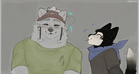 accessory anthro beanie black_body black_fur blush clothing duo ear_flick eye_markings fluffy fluffy_hair freckles fur hair hair_accessory hat headgear headwear kerchief long_sleeves male male/male markings mole_(marking) neckerchief neckwear shirt short_sleeves smile tail tail_motion tailwag tongue tongue_out topwear white_body white_fur cerberussenn lucky_sweeto_(cerberussenn) mocha_hawkes_(cerberussenn) canid canine canis domestic_dog mammal nordic_sled_dog samoyed spitz werecanid werecanine werecreature weredog wolf absurd_res hi_res signature