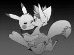 ambiguous_gender cleft_tail duo female female/ambiguous feral feral_on_feral fluffy fluffy_tail notched_tail tail silberhoernchen nintendo pokemon canid fennekin generation_1_pokemon generation_6_pokemon mammal pikachu pokemon_(species) hi_res monochrome