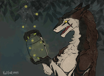 anthro bioluminescence black_body black_fur black_markings chest_tuft claws container countershading female finger_claws fur glowing green_claws holding_container holding_jar holding_object in_container in_jar jar leaf looking_at_object markings open_mouth open_smile side_view smile solo_focus teeth text tongue tuft white_body white_countershading yellow_eyes koifur1994 tara_(aksel2k) arthropod beetle elateroid firefly insect sergal animated artist_name digital_media_(artwork)