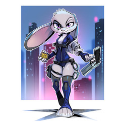 anthro breasts city cityscape cleavage clothed clothing cuff_(restraint) ears_down female gun handcuffs handgun legwear looking_at_viewer metal_cuffs pivoted_ears police_badge purple_eyes ranged_weapon restraints revolver small_breasts solo thick_thighs thigh_highs unzipped_bodysuit weapon kiaun disney zootopia judy_hopps european_rabbit lagomorph leporid mammal oryctolagus rabbit 1:1 2026 hi_res signature