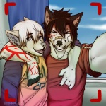 anthro band-aid bandage bruised clothed clothing duo looking_at_viewer male muscular selfie smile bishkah291ax48 canid canine mammal 1:1 digital_media_(artwork) shaded