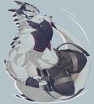 abs anthro biceps black_horn blue_eyes bottomwear claws clothed clothing deltoids finger_claws fingerless_gloves gloves handwear horn looking_at_viewer male muscular pants pecs scales solo tail topless white_body medsboyo mythology shiro_(lagoon_xvi) dragon mythological_creature mythological_scalie scalie hi_res