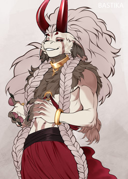anthro biped claws clothed clothed_anthro clothed_male clothing fingers front_view fur hair horn looking_at_viewer male navel partially_clothed partially_clothed_anthro partially_clothed_male simple_background smile solo standing teeth topless topless_anthro topless_male bastika unknown_species 2026 digital_drawing_(artwork) digital_media_(artwork) hi_res