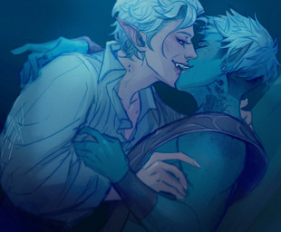 bite_mark bite_mark_on_neck duo fanged_bite_mark fanged_bite_mark_on_neck fangs french_kissing hair hug humanoid_pointy_ears kiss_on_lips kissing male male/male not_furry pointy_ears romantic romantic_couple tattoo teeth white_hair steelsuit baldur's_gate baldur's_gate_3 bioware dungeons_and_dragons electronic_arts hasbro larian_studios wizards_of_the_coast astarion_(baldur's_gate) drow elf humanoid vampire