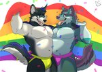 anthro belly belly_to_belly biceps blue_body blue_fur bulge clothed clothing confetti flag flag_(object) fur grey_body hair holding_flag holding_object jockstrap jockstrap_only lgbt_pride male muscular muscular_anthro muscular_male navel open_mouth pecs pecs_touching pride_color_flag pride_colors purple_hair rainbow_flag rainbow_pride_colors rainbow_pride_flag rainbow_symbol simple_background six-stripe_rainbow_pride_colors topless underwear underwear_only toraxhiro lgbt_pride_month colby_(husky) yukon canid canine canis domestic_dog husky mammal nordic_sled_dog spitz wolf