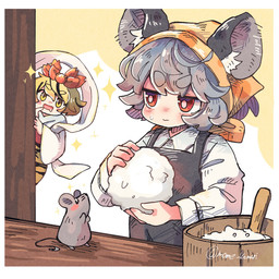 ambiguous_feral ambiguous_gender apron black_apron black_clothing blonde_hair blush bodily_fluids border clothing cooking female feral food grey_hair group hair headscarf inner_ear_fluff onigiri red_eyes rice shirt sweat sweatdrop topwear trio tuft white_border white_clothing white_shirt white_topwear yellow_eyes mame_komari touhou nazrin shou_toramaru animal_humanoid human humanoid mammal mammal_humanoid mouse mouse_humanoid murid murid_humanoid murine murine_humanoid rodent rodent_humanoid hi_res