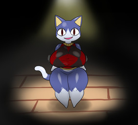 anthro big_breasts blue_body blue_ears blue_fur blue_tail bottomless breasts clothed clothed_anthro clothed_female clothing countershading crossgender dipstick_tail female female_anthro fur long_tail markings motion_lines mtf_crossgender noseless open_mouth open_smile pink_tongue pupils red_eyes slit_pupils smile solo standing tail tail_markings tan_inner_ear thick_thighs tongue two_tone_tail white_body white_countershading white_fur white_tail enigi09 animal_crossing nintendo rover_(animal_crossing) domestic_cat felid feline felis mammal hi_res