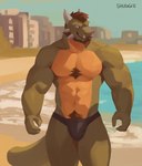 anthro beach beard biceps body_hair bulge chest_hair clothing facial_hair horn male multicolored_body muscular muscular_anthro muscular_male pecs seaside sharp_teeth solo speedo swimwear tail teeth shugggie mythology willi dragon mythological_creature mythological_scalie scalie hi_res