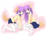 absolute_territory accessory blue_eyes clothed clothing dog_tail duo female hair hair_accessory hair_ribbon legwear purple_eyes purple_hair ribbons school_uniform short_hair tail thigh_highs uniform unknown_artist clannad key_(company) tencent fujibayashi_kyou fujibayashi_ryou animal_humanoid canid canid_humanoid canine canine_humanoid canis cat_humanoid dog_humanoid domestic_dog felid felid_humanoid feline feline_humanoid fox fox_humanoid humanoid hybrid mammal mammal_humanoid sibling_(lore) twins_(lore)