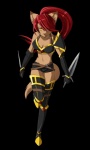 anthro biped bottomwear breasts brown_body brown_fur cleavage clothed clothing dagger female fur hair looking_at_viewer melee_weapon midriff navel ninja pose red_hair simple_background skirt solo standing tail transparent_background warrior weapon yellow_eyes kubikitsune mammal alpha_channel hi_res