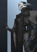 armor blue_eyes cape clothing cybernetic_arm cybernetic_eye cybernetic_face cybernetic_limb cybernetics glowing glowing_eyes hood machine male solo standing tube tolphin_ggame bioware electronic_arts mass_effect saren_arterius alien cyborg turian 2d_animation animated motion_tweening no_sound short_playtime webm