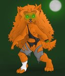 4_toes anthro black_clothing black_topwear breasts claws clothing ear_piercing feet female full_moon fur genitals glowing glowing_eyes green_background green_eyes hair long_hair looking_at_viewer moon nipples open_mouth orange_body orange_fur orange_hair paws piercing pussy simple_background solo teeth toes topwear torn_clothing torn_topwear mr-haitch mythology cait_(mr-haitch) canid canine mammal mythological_canine mythological_creature werecanid werecanine werecreature werewolf 2023 digital_drawing_(artwork) digital_media_(artwork)