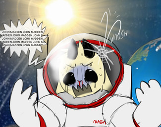 anthro asphyxiation astronaut blood bodily_fluids earth fur imminent_death male nervous nervous_sweat nosebleed planet solo space speech_bubble sun sweat yellow_body yellow_fur bravobunny john_madden_(meme) bovid caprine goat mammal