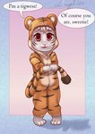 anthro clothing costume female looking_at_viewer red_eyes simple_background smile solo tail tail_grab text tiger_costume young liryal lagomorph leporid mammal rabbit absurd_res english_text hi_res