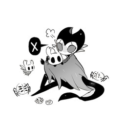 2_horns ambiguous_gender anthro biped black_body black_eyes bodily_fluids cloak clothed clothing empty_eyes fingers flying holding_another horn sitting solo sweat sweatdrop tail wings lv999ppbunny hollow_knight_(franchise) team_cherry grimmchild_(hollow_knight) the_knight_(hollow_knight) arthropod vessel_(species) weaver_(hollow_knight) 1:1 2025 greyscale hi_res monochrome