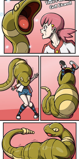 abdominal_bulge ambiguous_gender bodily_fluids clothed clothing duo female female_prey feral head_first human_prey neck_bulge oral_vore swallowing tears text vore yugerov nintendo pokemon ekans generation_1_pokemon human mammal pokemon_(species) reptile scalie snake comic english_text hi_res