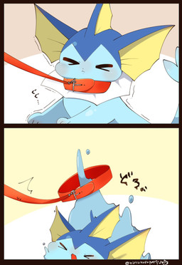 >.< ambiguous_gender blue_body collar ear_fins escape feral fin fish_tail head_fin humor leash leash_pull leashed_collar melting paws resisting shaking solo trembling walkies water nurunuruparty26 nintendo pokemon eeveelution generation_1_pokemon pokemon_(species) vaporeon hi_res multiple_images