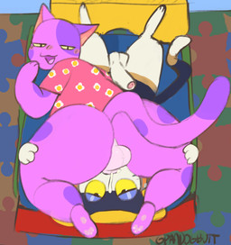 anthro bed bodily_fluids butt butt_grab cum duo facesitting fellatio furniture genital_fluids hand_on_butt male male/male male_anthro oral penile sex sitting_on_another pandogbutt animal_crossing nintendo bob_(animal_crossing) punchy_(animal_crossing) domestic_cat felid feline felis mammal absurd_res hi_res
