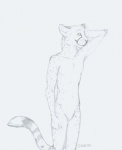 anthro biped featureless_crotch fist hand_behind_head male nude simple_background smile solo spots standing tail whiskers white_background kairithekat cheetah felid feline mammal 2011 black_and_white monochrome portrait sketch three-quarter_portrait