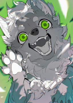 accessory ambiguous_gender claws dark_body dark_fur eyebrows fangs feral finger_claws fur green_background green_eyes green_pupils hair_accessory hair_tie inner_ear_fluff light_hair light_pawpads looking_at_viewer neck_tuft open_mouth open_smile pawpads pupils ringed_iris simple_background smile smiling_at_viewer solo teeth tongue_showing tuft white_sclera chiayeeee canid canine canis mammal wolf 2025 bust_portrait digital_drawing_(artwork) digital_media_(artwork) hi_res portrait signature