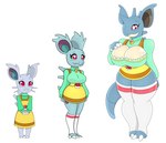 anthro big_breasts blue_body bottomwear breasts buckteeth clothed clothing female generation_1_pokemon group hi_res horn huge_breasts legwear nidoqueen nidoran nidoran♀ nidorina nintendo pokemon pokemon_(species) red_eyes shirt simple_background skirt stockings tail teeth topwear trio tunic urusee584 whiskers white_background