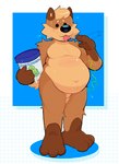 3_toes 4_fingers anthro beady_eyes belly belly_overhang black_nose bodily_fluids brown_body brown_fur cheek_tuft countershade_face countershade_legs countershade_torso countershading deep_navel dessert facial_tuft featureless_crotch feet fingers food fur hair holding_food holding_ice_cream holding_object ice_cream male mint_chocolate_chip navel overweight overweight_anthro overweight_male pink_tongue saliva saliva_on_tongue snout solo standing sweat tail tan_body tan_countershading tan_hair three-quarter_view toes tongue tongue_out tuft gramgastronomy graham_(gramgastronomy) canid canine mammal hi_res unavailable_at_source