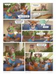 2019 ambiguous_gender andy_borrego_(zaush) anthro canid canine clothed clothing comic detailed_background dialogue duo english_text eyewear food fox fur furniture glasses hi_res inside jayden_coultier_(zaush) larger_male male mammal midriff mustelid open_mouth orange_body orange_fur otter paws pizza red_fox size_difference smaller_ambiguous sofa standing text true_fox zaush