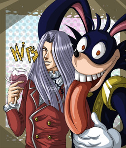 alcohol beverage big_tongue bleh duo holding_glass holding_object long_tongue making_faces teeth tongue tongue_out wide_eyed wine unknown_artist konami yu-gi-oh! dark_rabbit maximillion_pegasus duel_monster human lagomorph leporid mammal rabbit