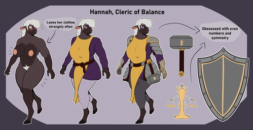 anthro armor big_breasts blush blush_lines breasts brown_body cleric clothing embarrassed female hair hammer hooves medieval nipples nude pink_nipples pubes purple_eyes shield solo standing text tools white_hair wide_hips rafitos hannah_(rafitos) bovid caprine mammal sheep absurd_res english_text hi_res model_sheet
