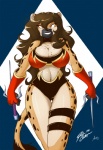 anthro big_breasts black_nose bodysuit breasts brown_hair cleavage clothed clothing female fingerless_gloves fur gloves hair handwear holding_object holding_weapon leotard long_hair looking_at_viewer melee_weapon ninja orange_eyes sai_(weapon) skinsuit smile solo spots tail tan_body tan_fur teeth tight_clothing warrior weapon wide_hips mastergodai upstairstudios adeola_oshodi hyena mammal spotted_hyena 2013 hi_res