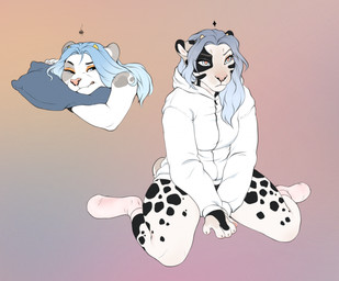 angry anthro biped black_spots blue_eyes blue_hair breasts clothed clothing duo ear_piercing female footwear frown fur grey_markings hair hoodie horn kneeling long_hair lying markings on_front pantsless philtrum piercing pillow pink_eyes simple_background socks spots spotted_body spotted_fur tail topwear white_body white_clothing white_fur white_hoodie white_topwear smileeeeeee nebula_(smu) sun_(smu) felid hybrid leopard mammal pantherine 2024 bust_portrait colored digital_media_(artwork) flat_colors full-length_portrait hi_res portrait